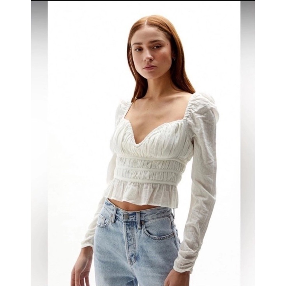 Free People Blouse Top Smocked White Ruffle Hem Boho Babydoll‎ Coquette NWT XL